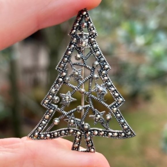 HOLIDAY🎄🎄925 Silver Marcasite Filigree Tree BROOCH - Picture 3 of 8